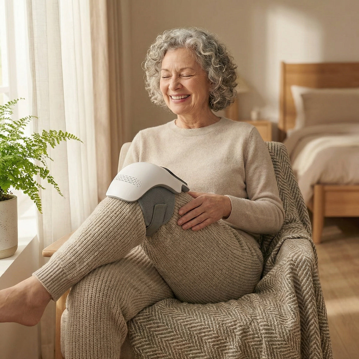 Woman relaxing in an armchair with the NORSEN heated knee massager on her knee