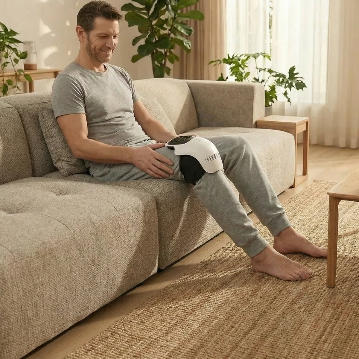 Man sitting on a couch wearing the NORSEN heated knee massager